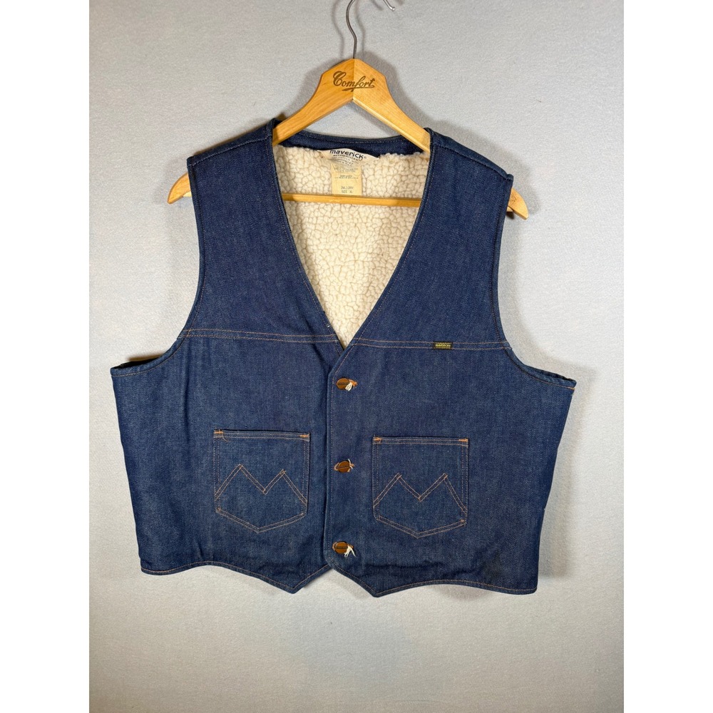 Vintage Maverick Denim Vest XL Faux Shearling Lined Western Cowboy Farm USA 70s
